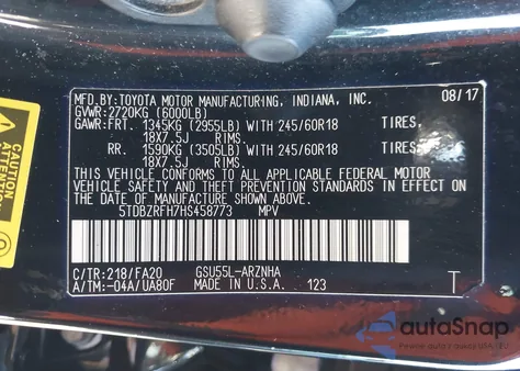 2017 Toyota Highlander Le Plus z USA, uszkodzony, nr VIN 5TDBZRFH7HS458773